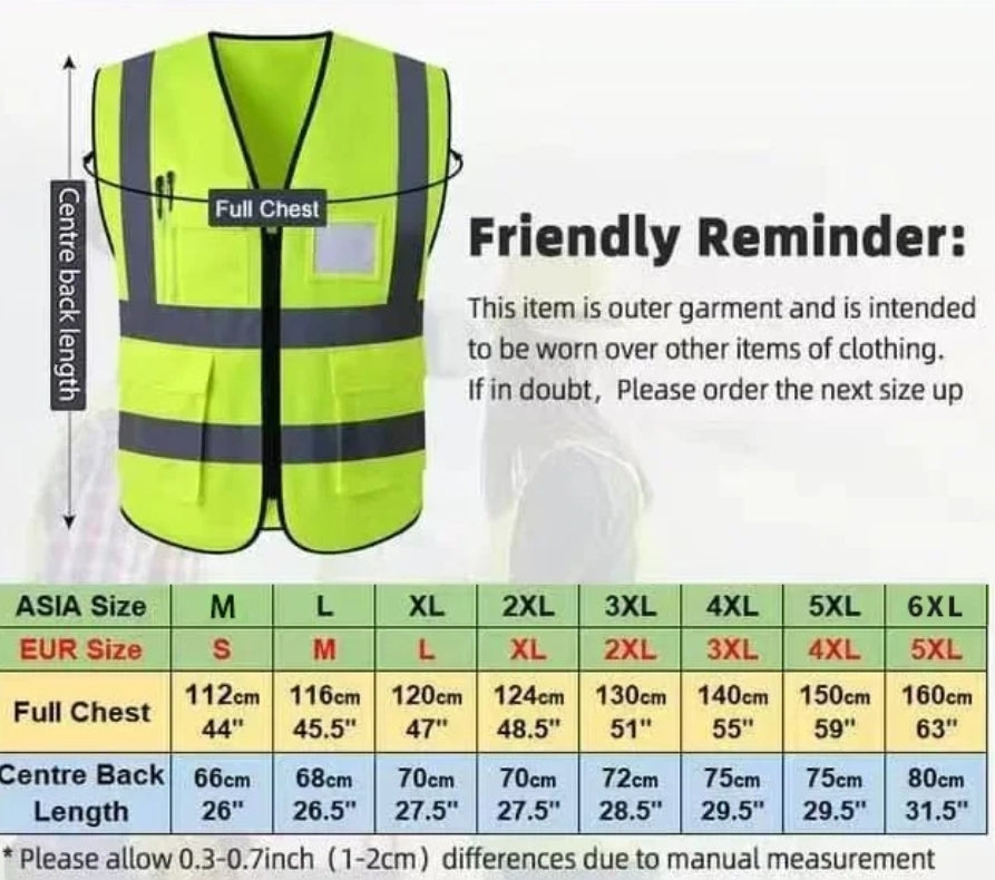 HIGH VIS Safety Vest High Visibility ZipUp Workwear Waistcoat Pockets Night Yellow